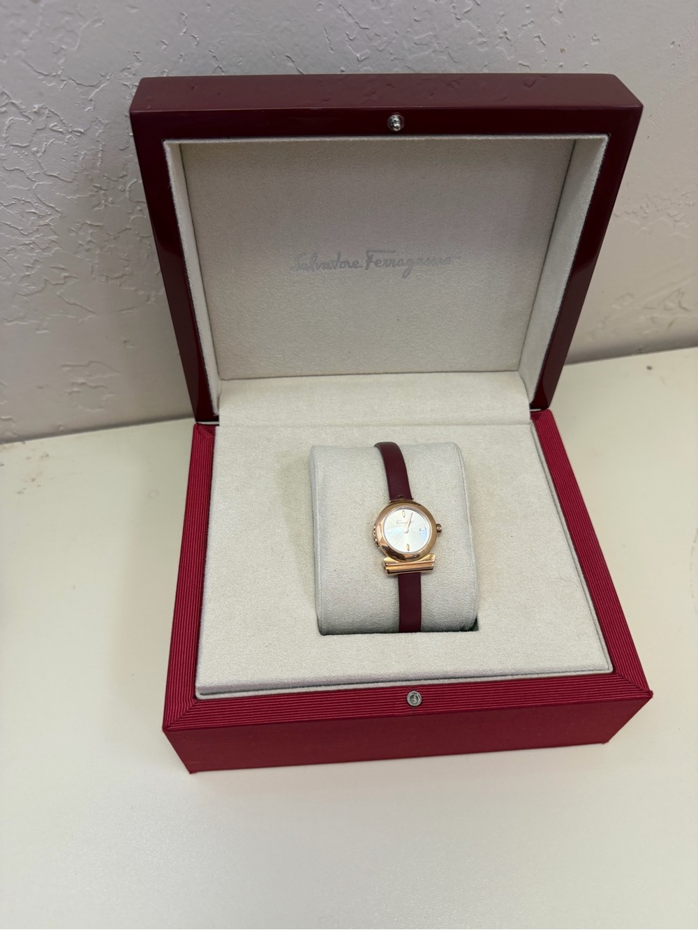 Salvatore Ferragamo Swiss Made Women’s Watch Rose Gold Tone Burgundy Leather MOP